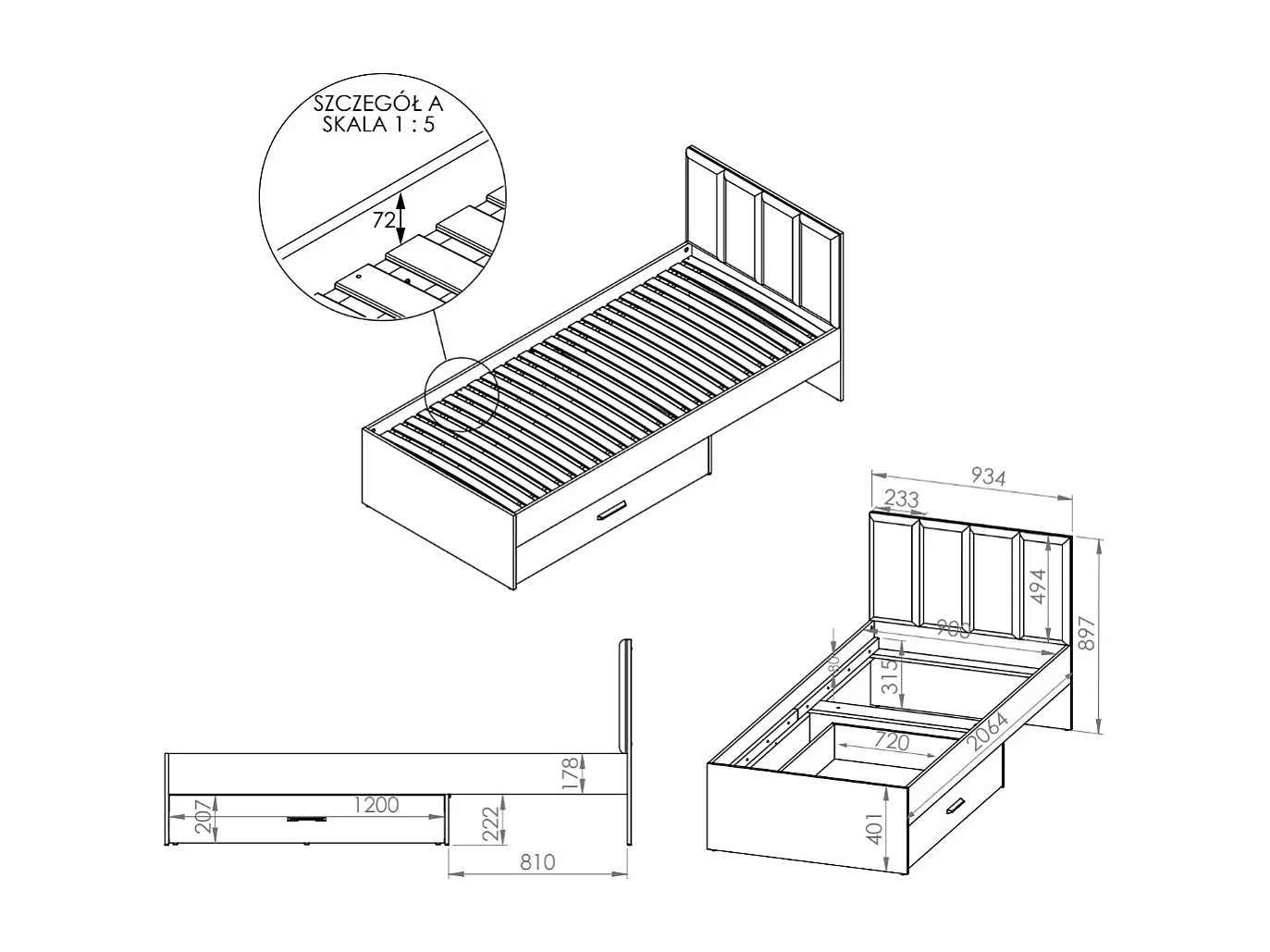 BETT Colt schwarz / Craft Gold Eiche 93 / 207 / 90cm