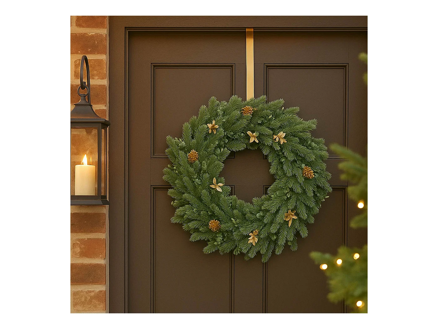 Künstlicher Kranz MCW-O98, Tanne mit goldfarbenen Zapfen