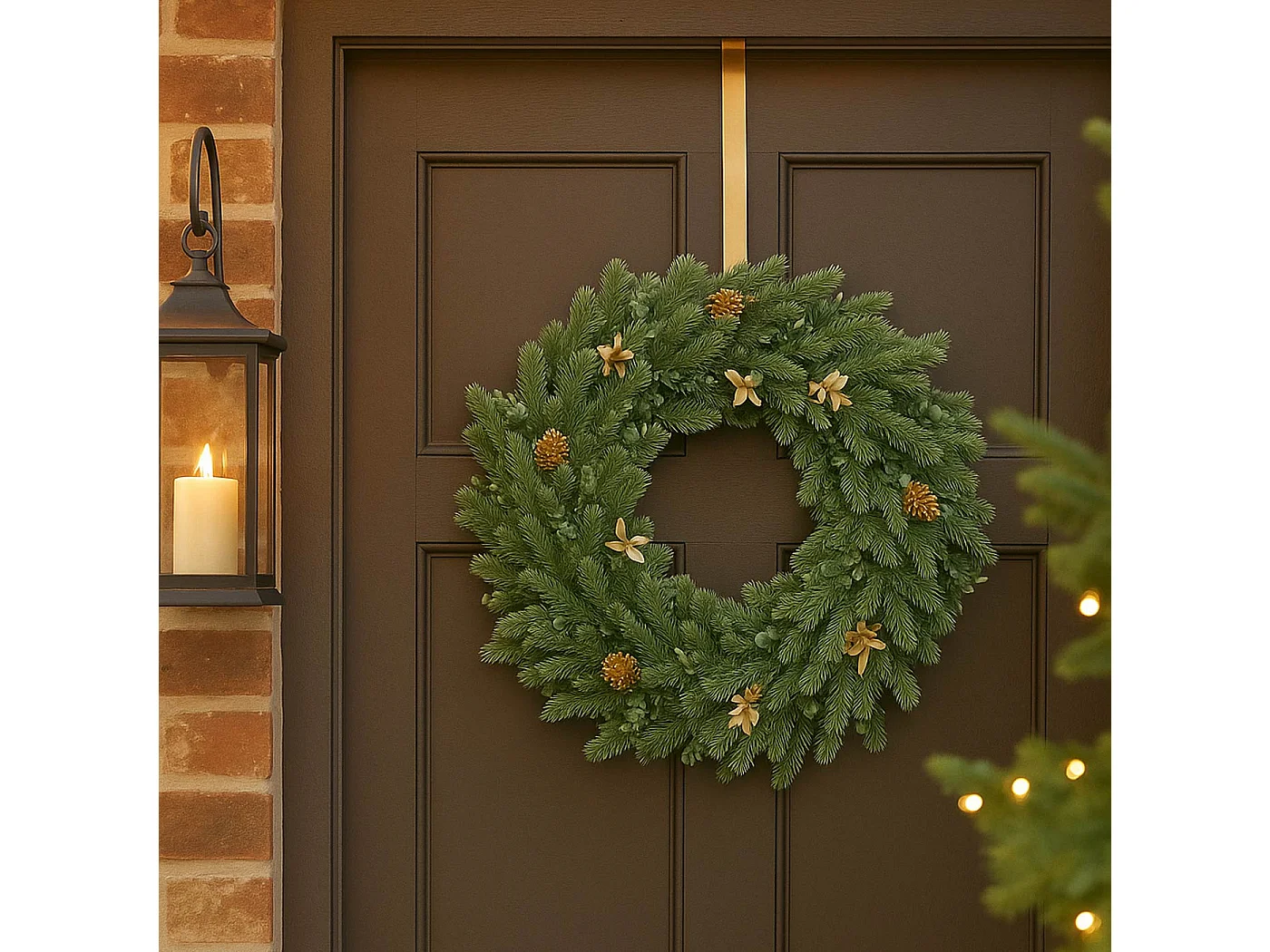 Couronne artificielle MCW-O98,  sapin avec pommes de pin dorées
