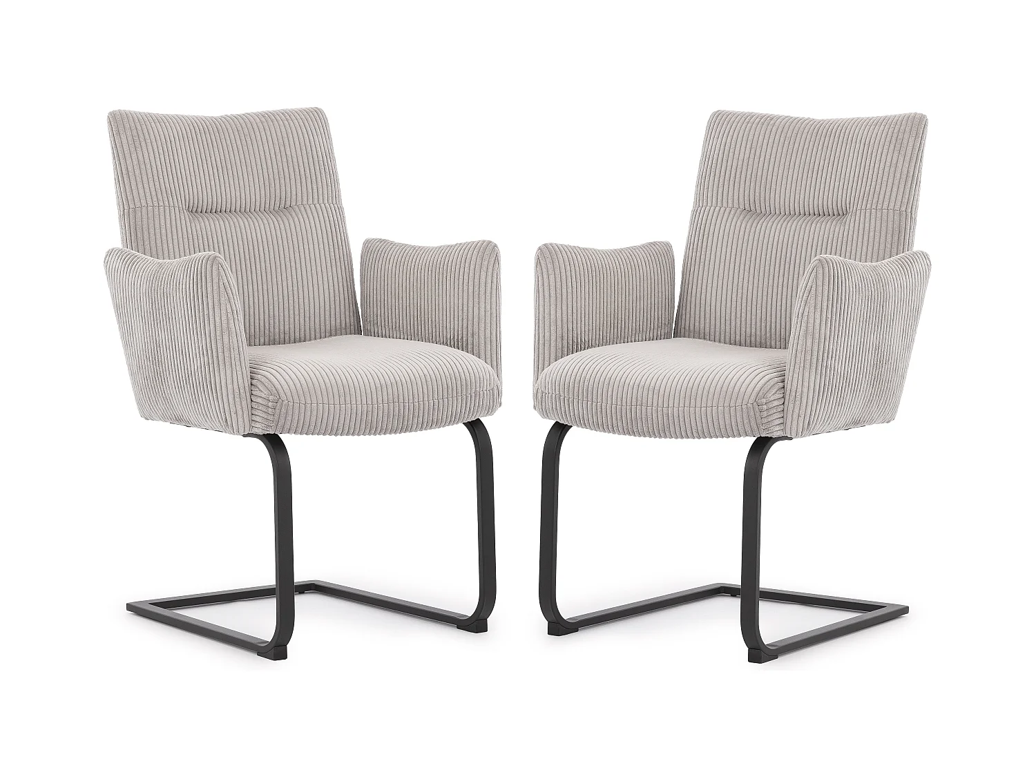 Lot de 2 chaises rembourrées au design moderne, en velours côtelé gris, avec accoudoirs et piètement luge en métal noir - Hera