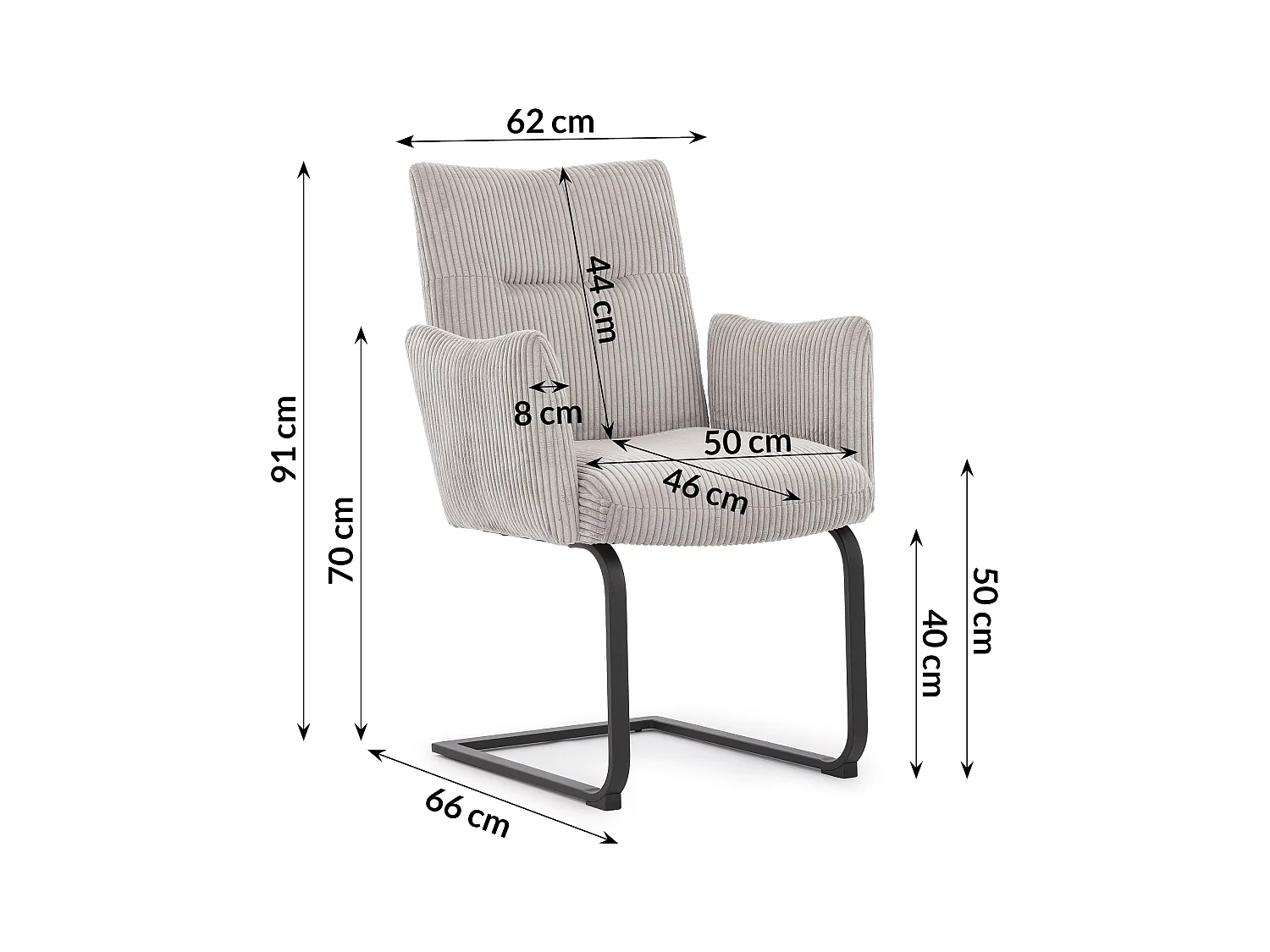 Lot de 2 chaises rembourrées au design moderne, en velours côtelé gris, avec accoudoirs et piètement luge en métal noir - Hera