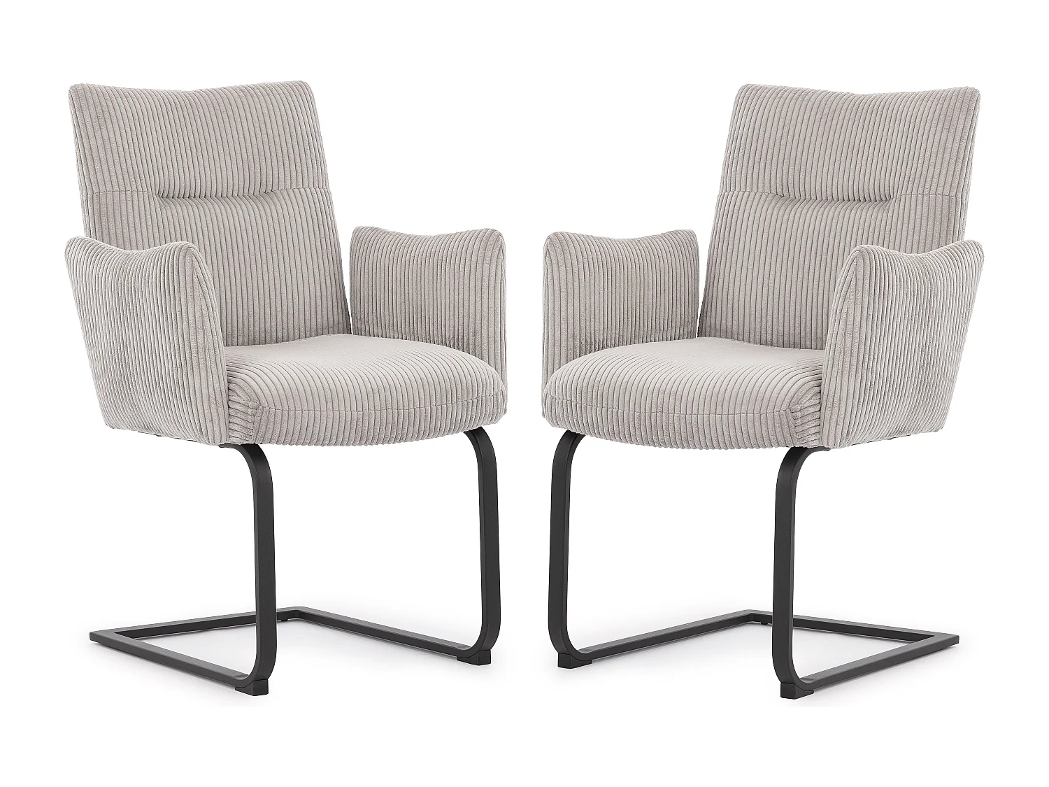 Lot de 2 chaises rembourrées au design moderne, en velours côtelé gris, avec accoudoirs et piètement luge en métal noir - Hera