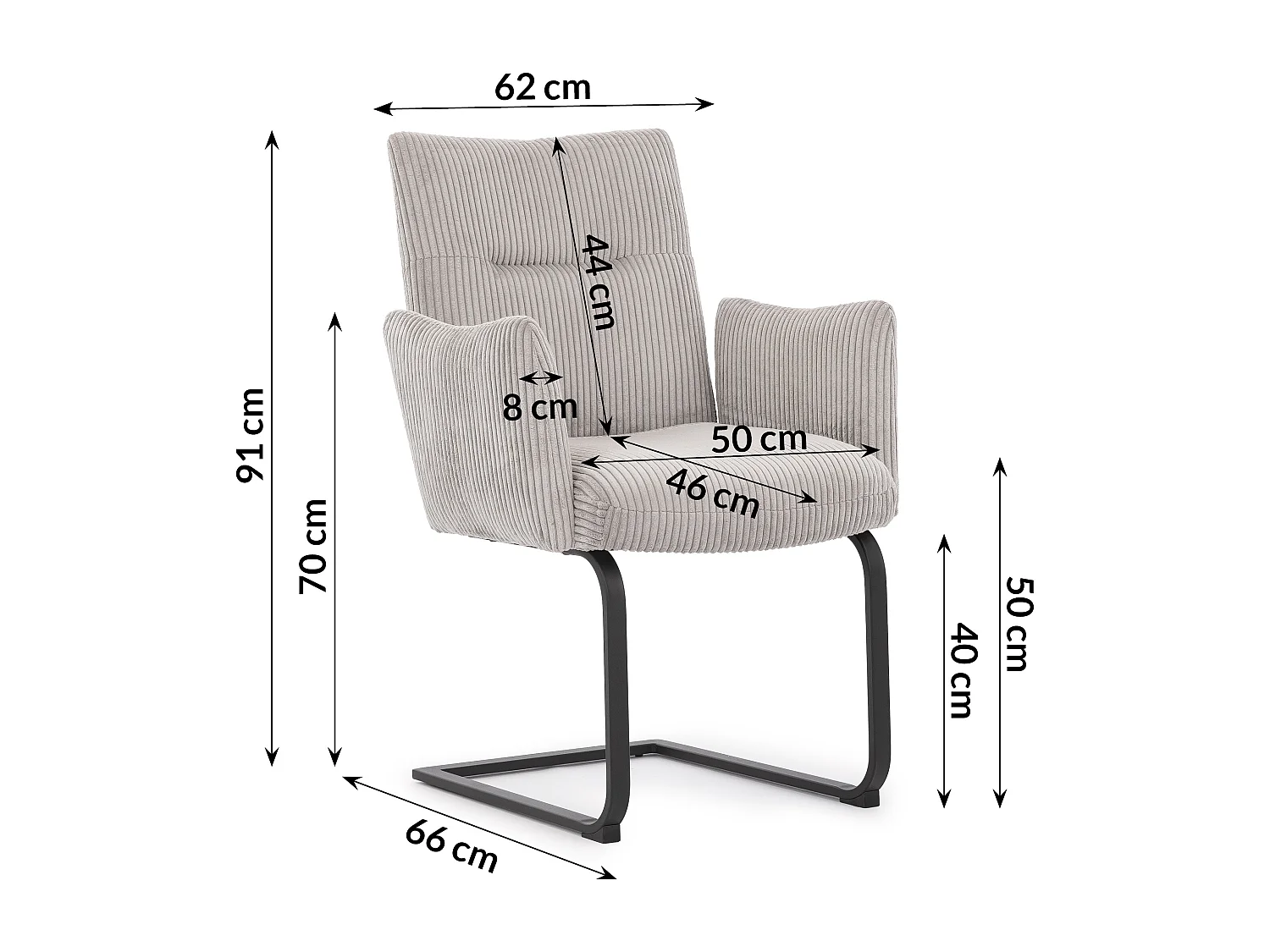 Lot de 2 chaises rembourrées au design moderne, en velours côtelé gris, avec accoudoirs et piètement luge en métal noir - Hera