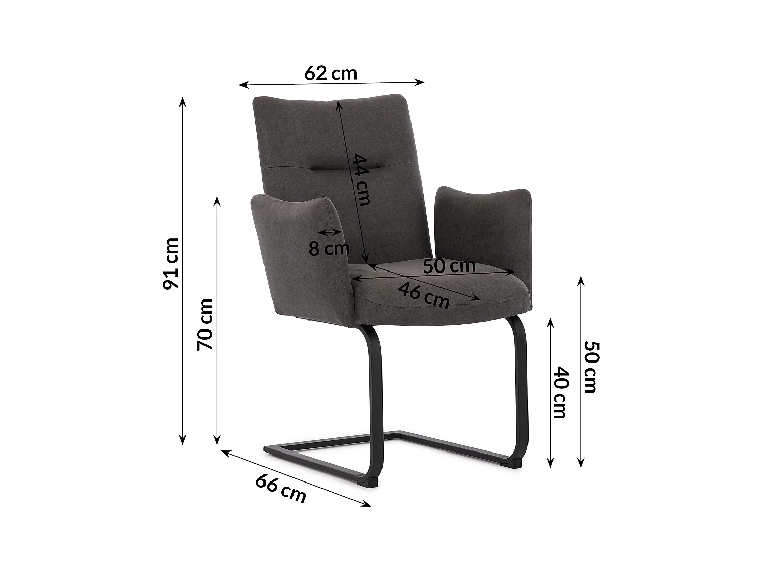 Lot de 2 chaises rembourrées au design moderne, en microfibre anthracite effet vintage, avec accoudoirs et piètement luge en métal noir - Hera