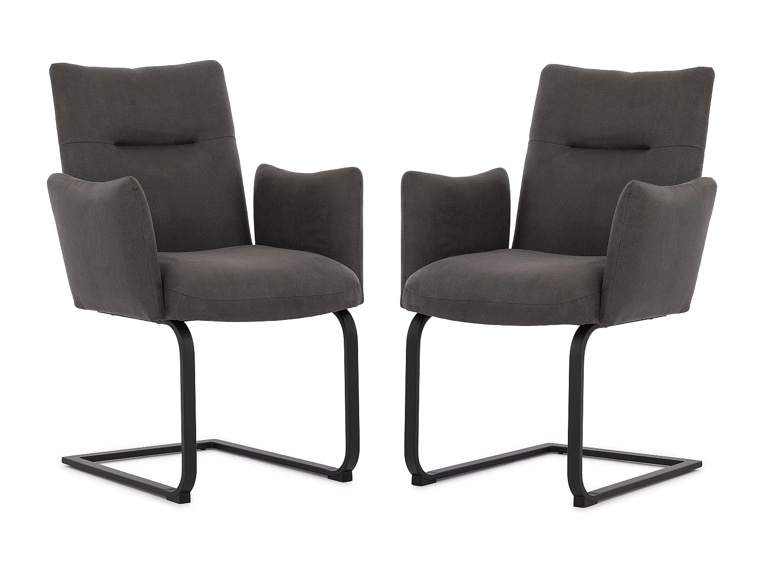 Lot de 2 chaises rembourrées au design moderne, en microfibre anthracite effet vintage, avec accoudoirs et piètement luge en métal noir - Hera