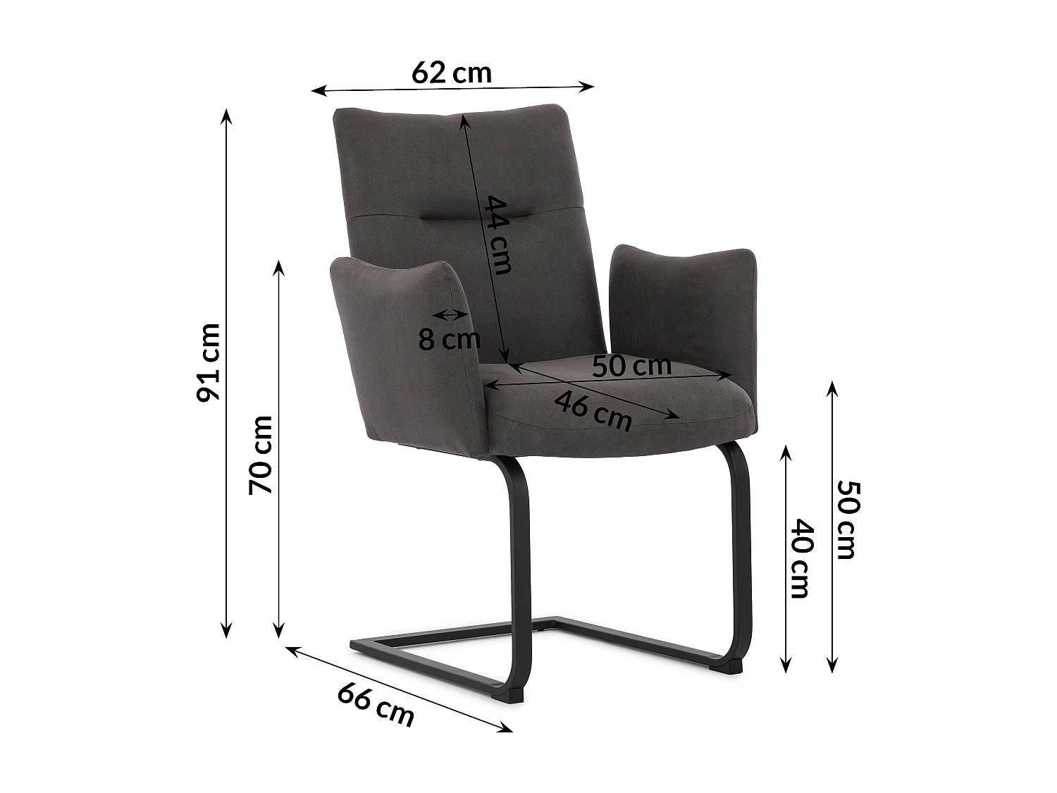 Lot de 2 chaises rembourrées au design moderne, en microfibre anthracite effet vintage, avec accoudoirs et piètement luge en métal noir - Hera