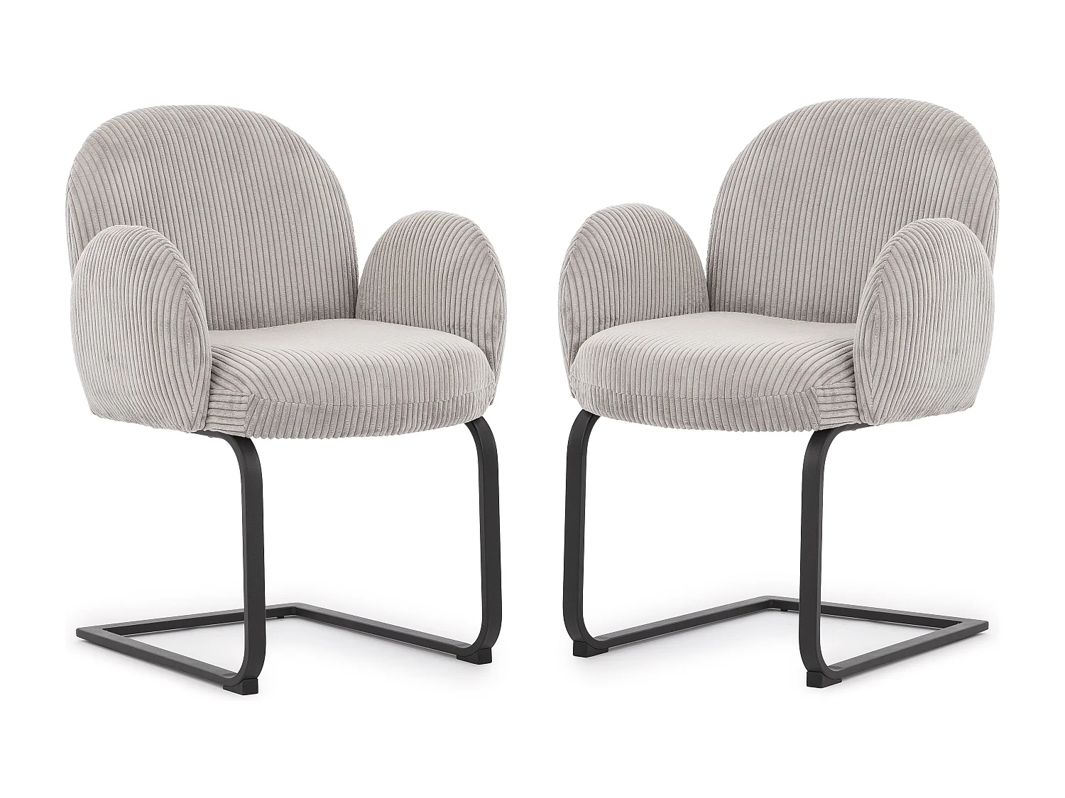 Lot de 2 chaises rembourrées de style Japandi au design arrondi, en velours côtelé gris avec une structure en métal noir - Vela