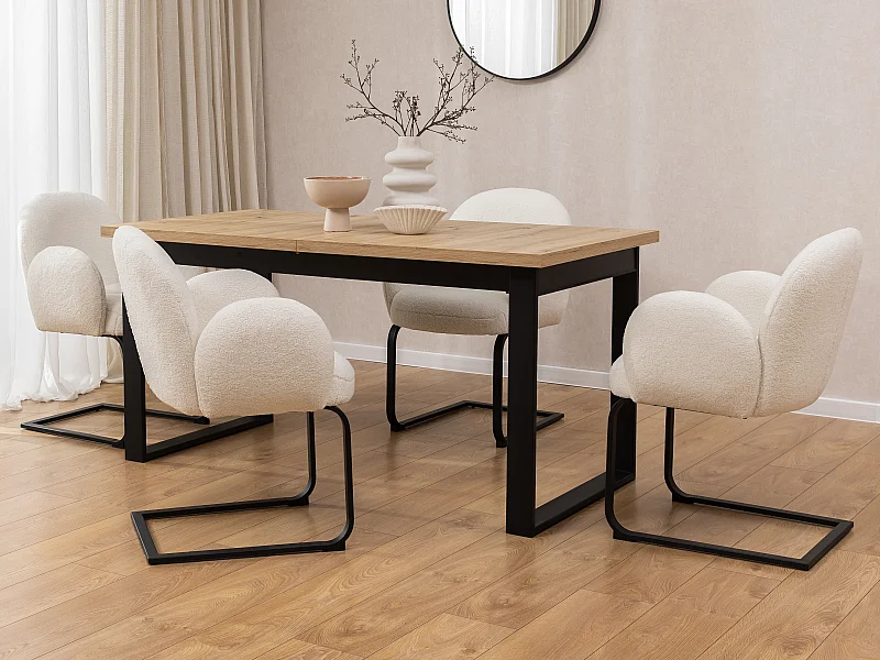 Lot de 2 chaises rembourrées de style Japandi au design arrondi, en bouclé blanc avec une structure en métal noir - Vela