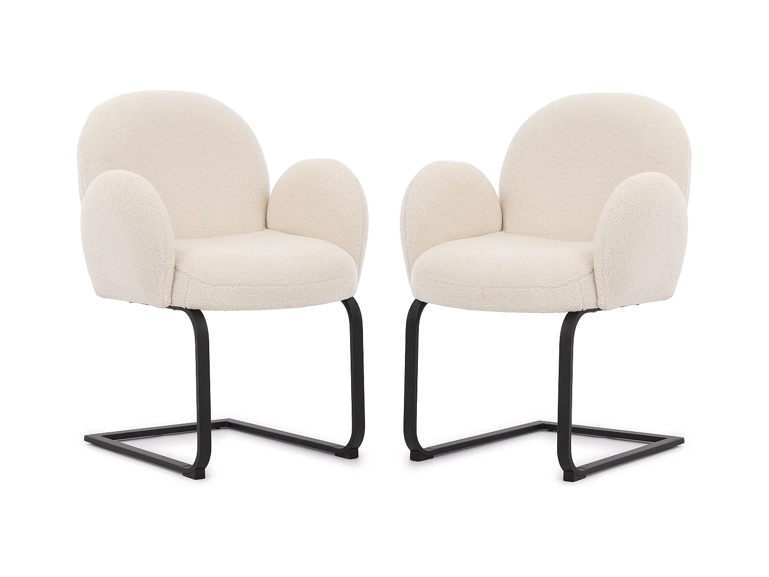 Lot de 2 chaises rembourrées de style Japandi au design arrondi, en bouclé blanc avec une structure en métal noir - Vela