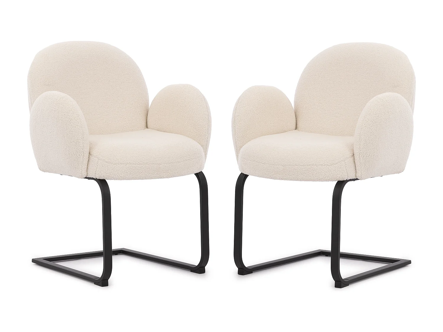 Lot de 2 chaises rembourrées de style Japandi au design arrondi, en bouclé blanc avec une structure en métal noir - Vela