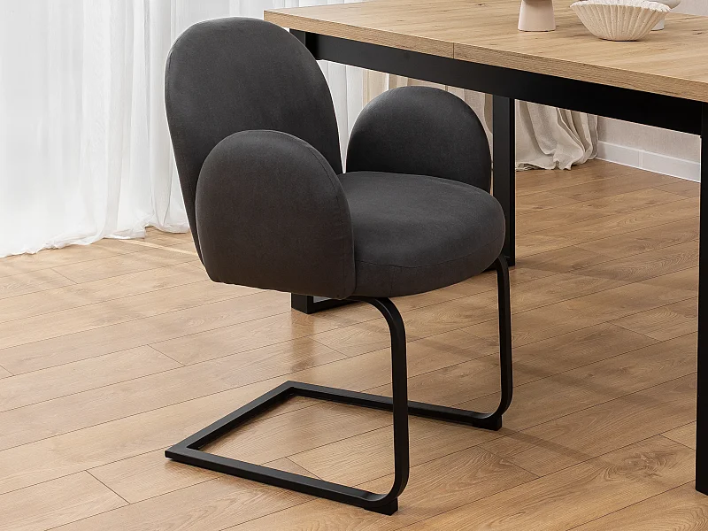 Chaise rembourrée de style Japandi au design arrondi, en microfibre anthracite effet vintage avec une structure en métal noir - Vela