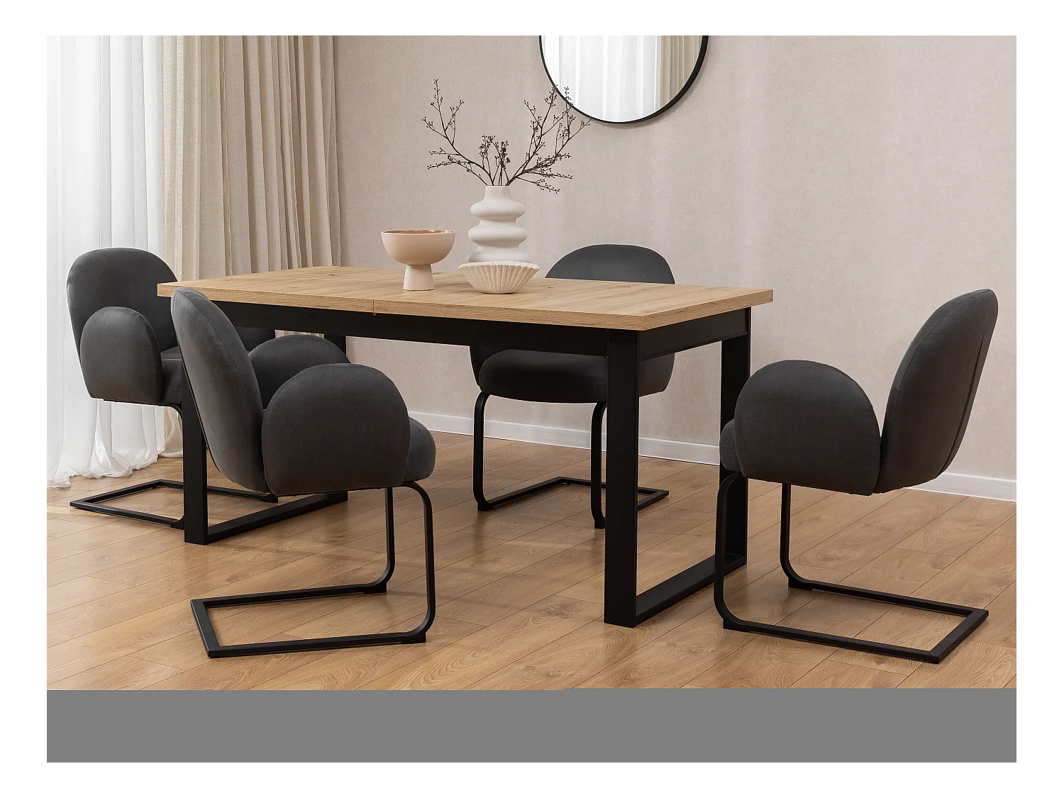 Chaise rembourrée de style Japandi au design arrondi, en microfibre anthracite effet vintage avec une structure en métal noir - Vela