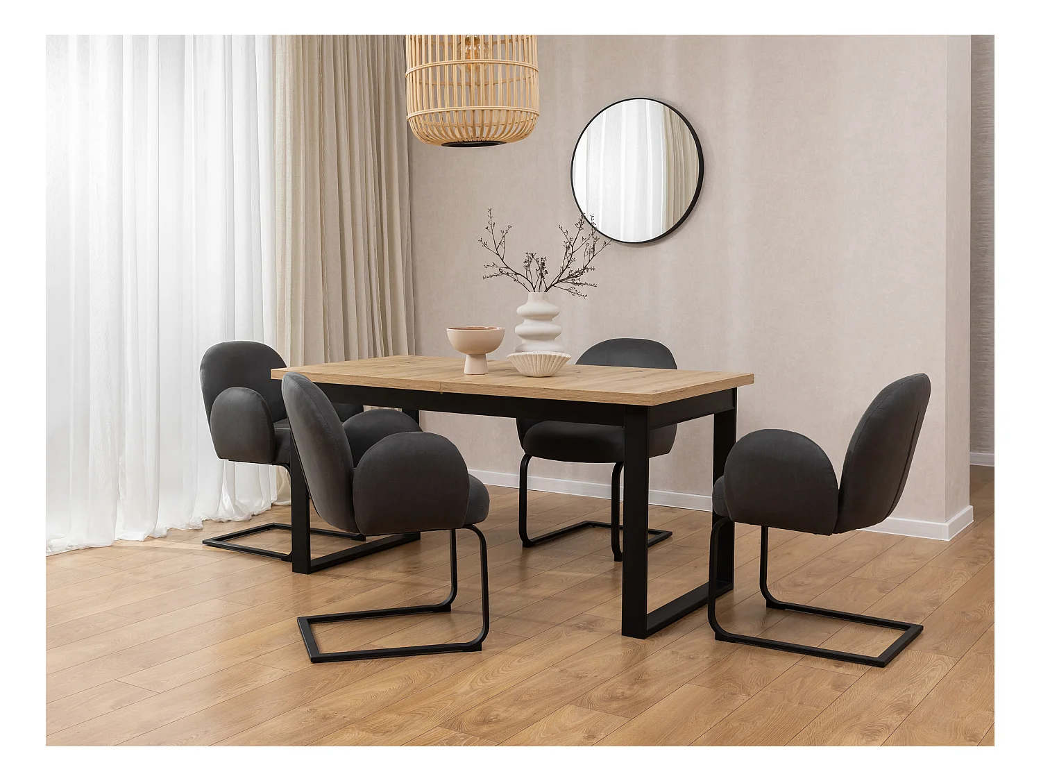 Chaise rembourrée de style Japandi au design arrondi, en microfibre anthracite effet vintage avec une structure en métal noir - Vela