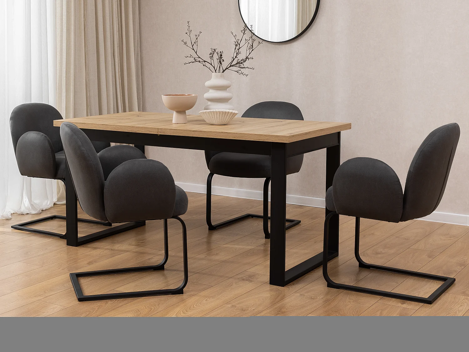 Chaise rembourrée de style Japandi au design arrondi, en microfibre anthracite effet vintage avec une structure en métal noir - Vela