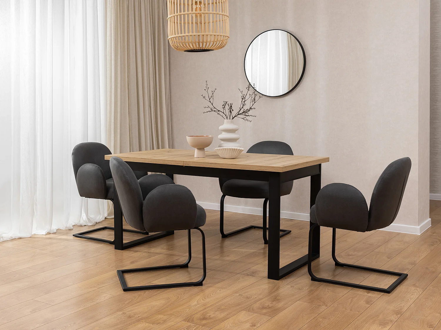 Chaise rembourrée de style Japandi au design arrondi, en microfibre anthracite effet vintage avec une structure en métal noir - Vela