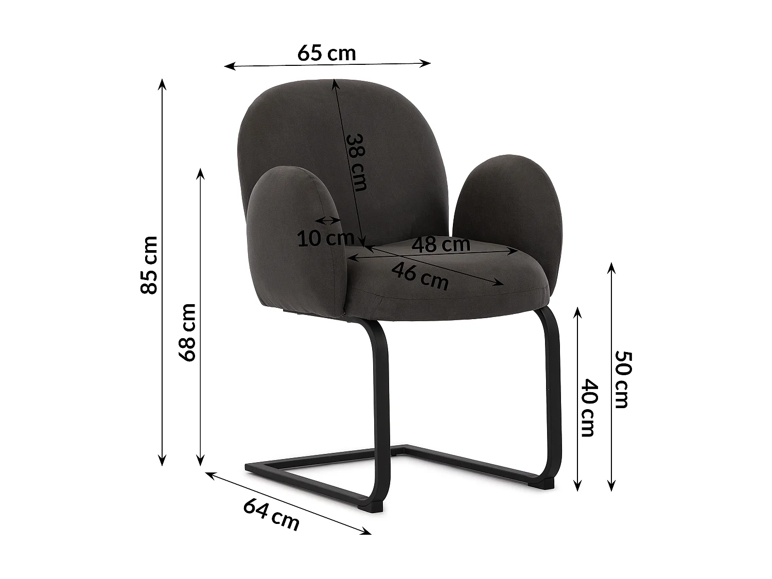 Chaise rembourrée de style Japandi au design arrondi, en microfibre anthracite effet vintage avec une structure en métal noir - Vela