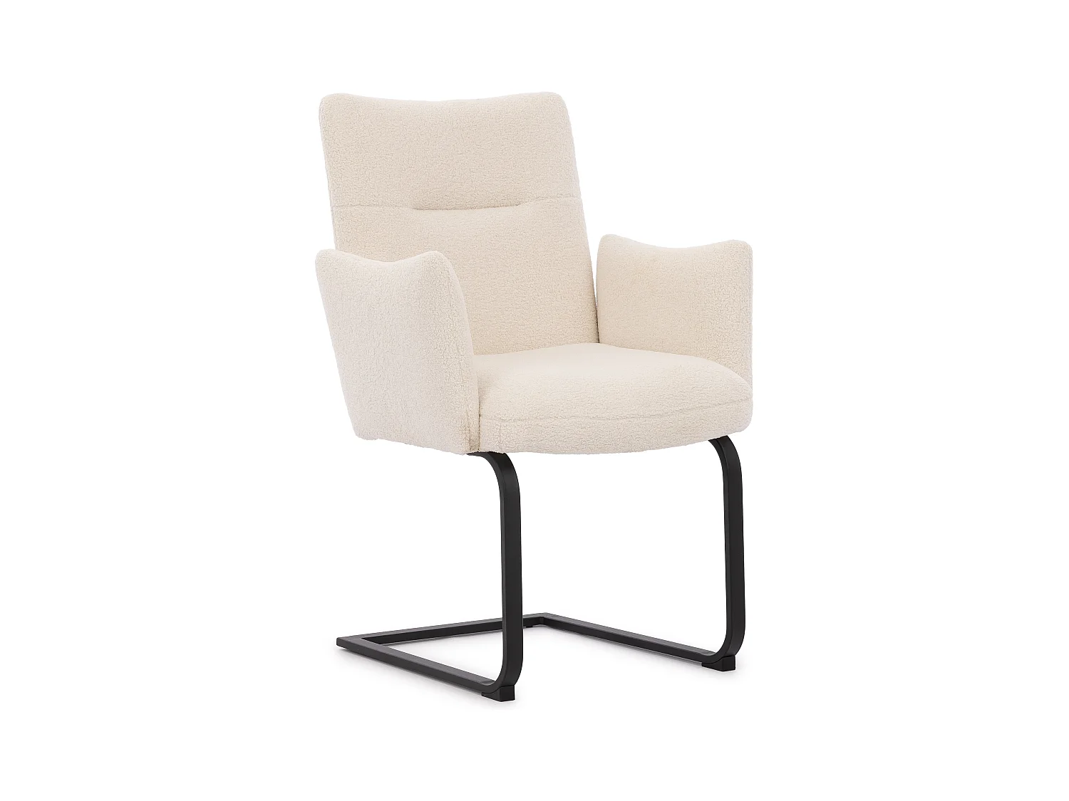 Chaise rembourrée au design moderne, en bouclé blanc, avec accoudoirs et piètement luge en métal noir - Hera