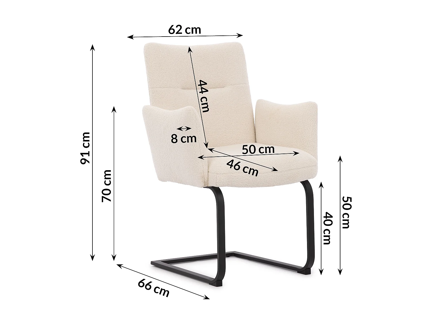Chaise rembourrée au design moderne, en bouclé blanc, avec accoudoirs et piètement luge en métal noir - Hera