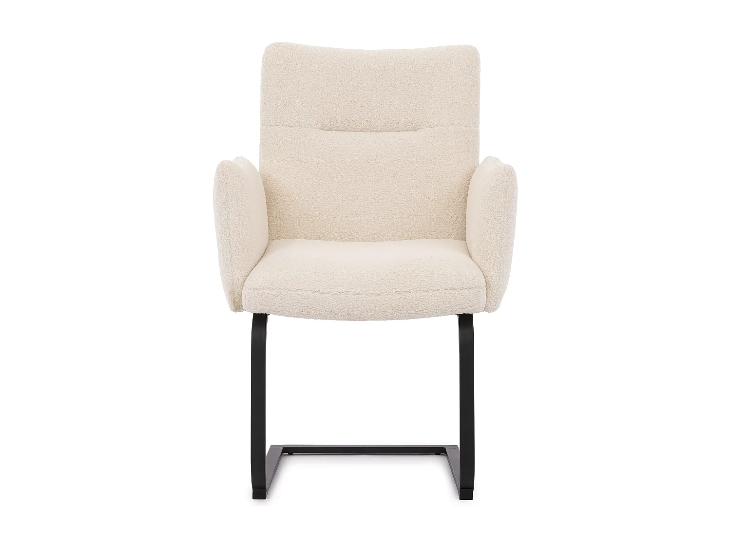 Chaise rembourrée au design moderne, en bouclé blanc, avec accoudoirs et piètement luge en métal noir - Hera