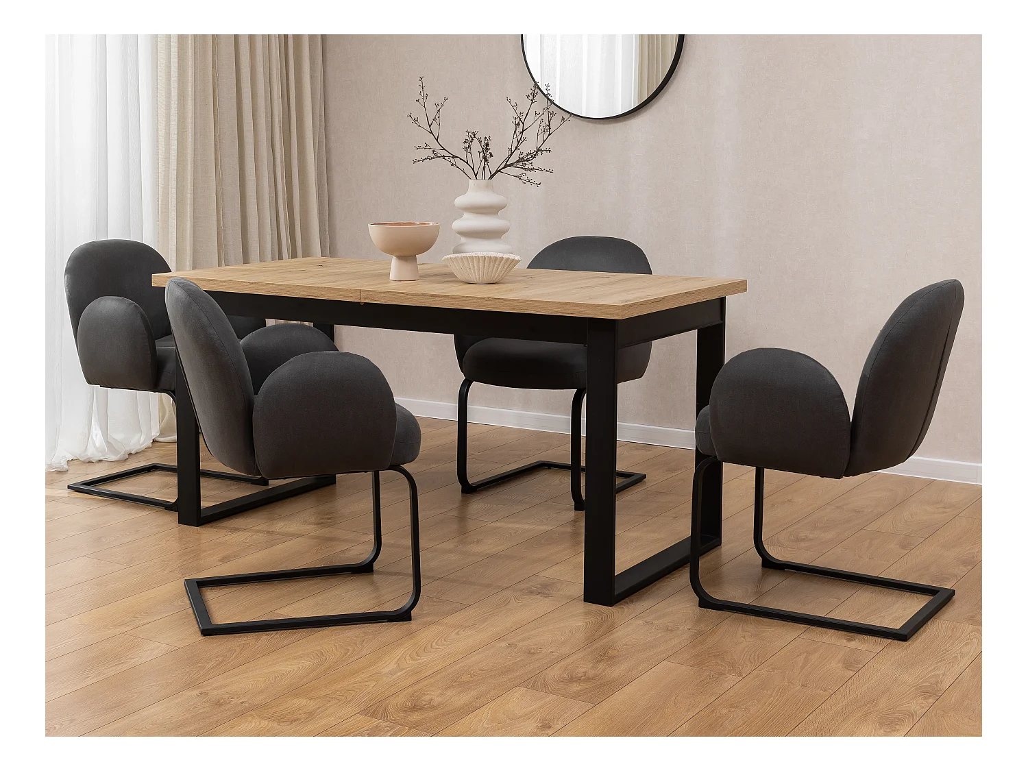 Lot de 2 chaises rembourrées de style Japandi au design arrondi, en microfibre anthracite effet vintage avec une structure en métal noir - Vela