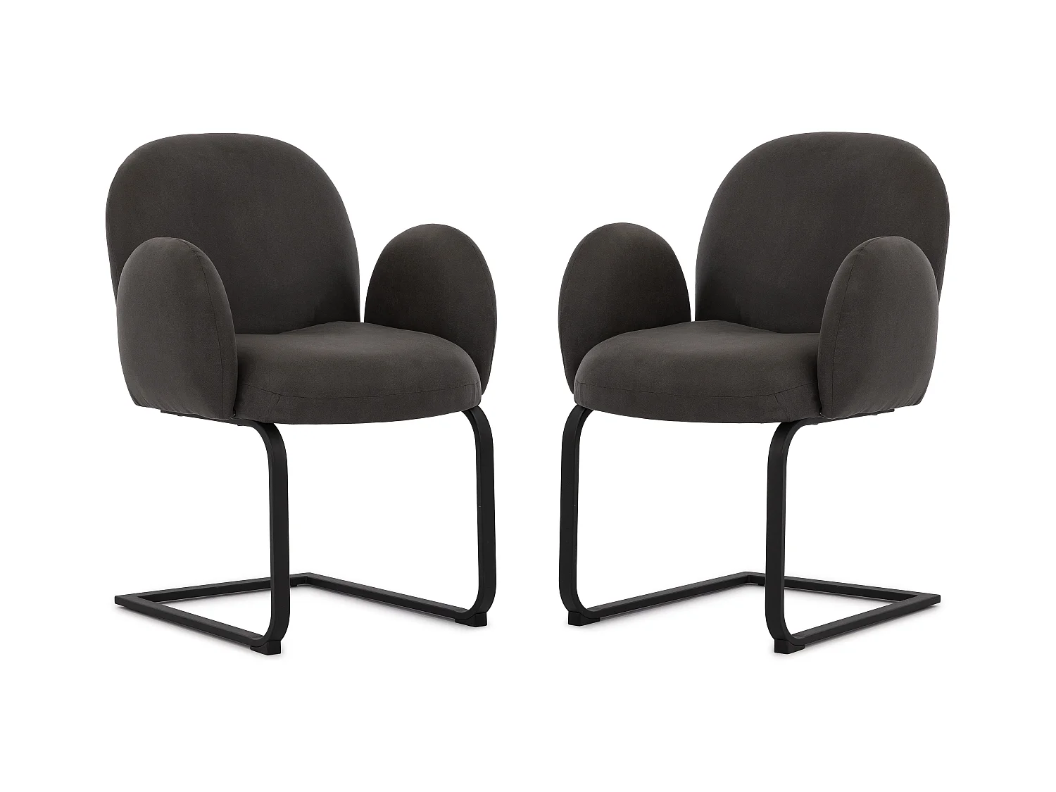 Lot de 2 chaises rembourrées de style Japandi au design arrondi, en microfibre anthracite effet vintage avec une structure en métal noir - Vela