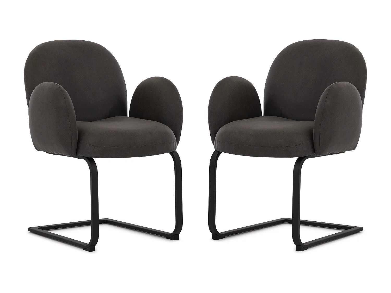 Lot de 2 chaises rembourrées de style Japandi au design arrondi, en microfibre anthracite effet vintage avec une structure en métal noir - Vela