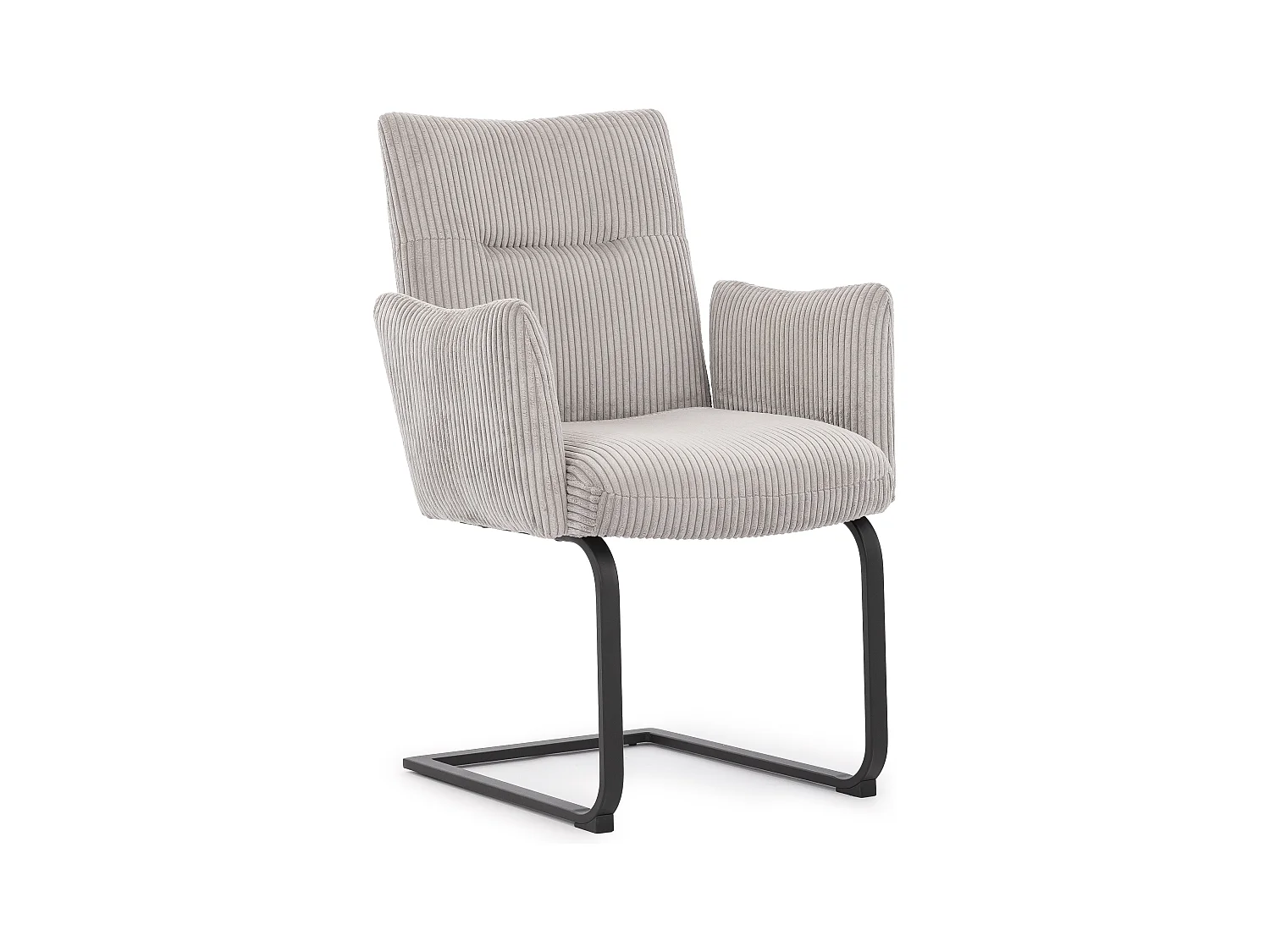 Chaise rembourrée au design moderne, en velours côtelé gris, avec accoudoirs et piètement luge en métal noir - Hera