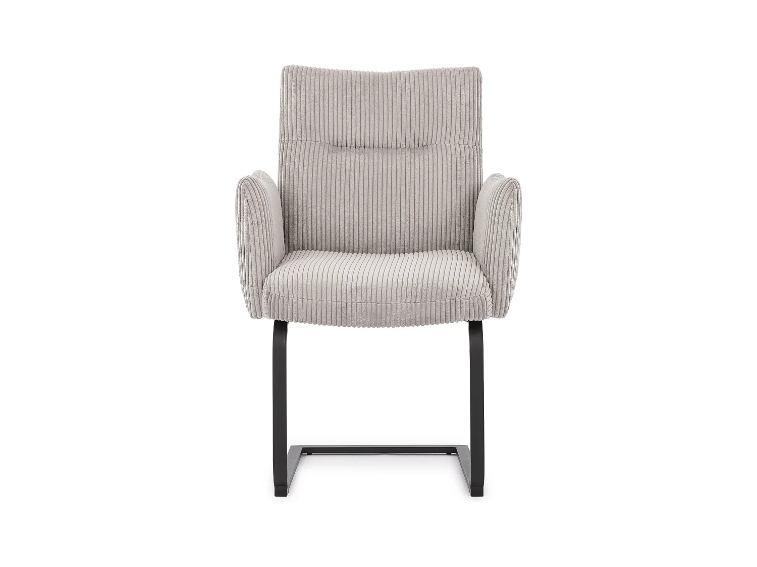 Chaise rembourrée au design moderne, en velours côtelé gris, avec accoudoirs et piètement luge en métal noir - Hera