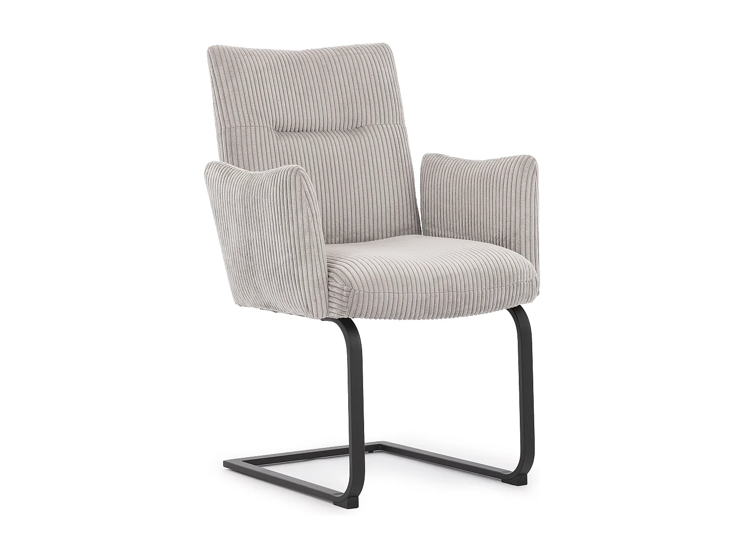 Chaise rembourrée au design moderne, en velours côtelé gris, avec accoudoirs et piètement luge en métal noir - Hera