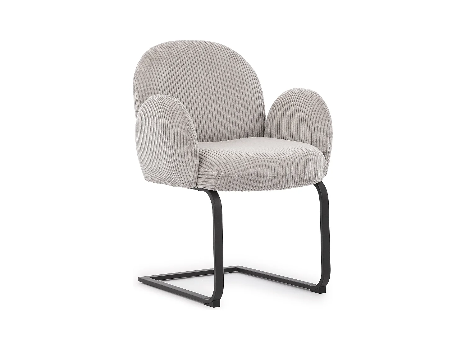 Chaise rembourrée de style Japandi au design arrondi, en velours côtelé gris avec une structure en métal noir - Vela