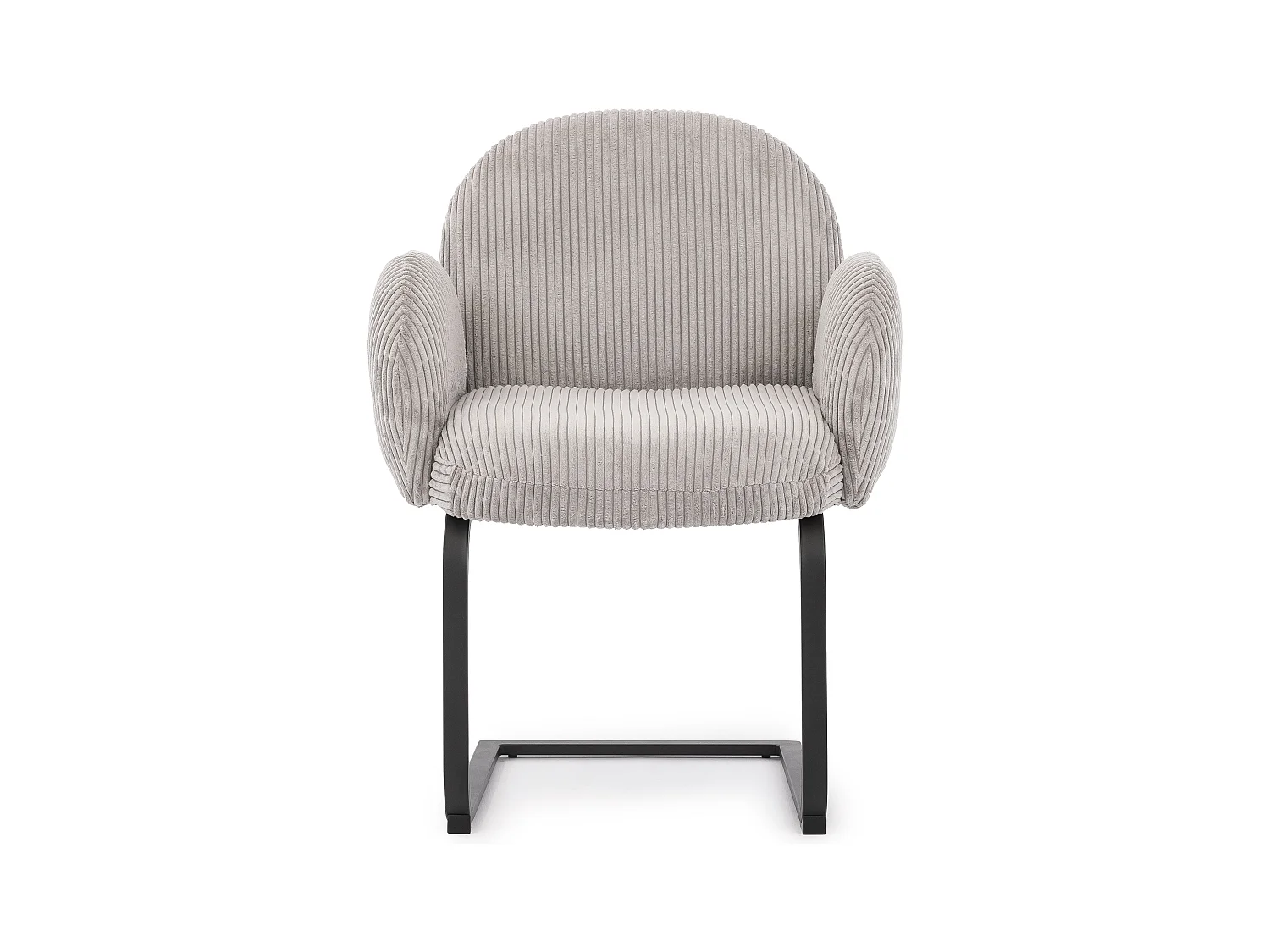 Chaise rembourrée de style Japandi au design arrondi, en velours côtelé gris avec une structure en métal noir - Vela