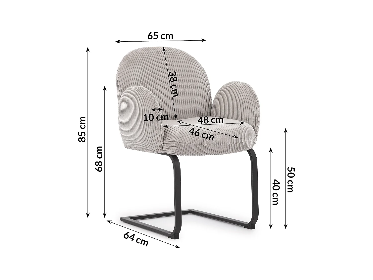 Chaise rembourrée de style Japandi au design arrondi, en velours côtelé gris avec une structure en métal noir - Vela