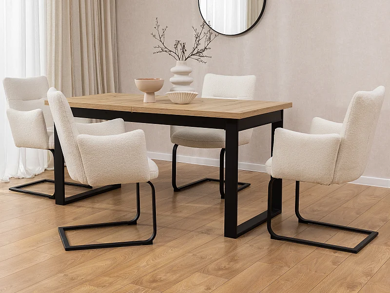 Lot de 2 chaises rembourrées au design moderne, en bouclé blanc, avec accoudoirs et piètement luge en métal noir - Hera