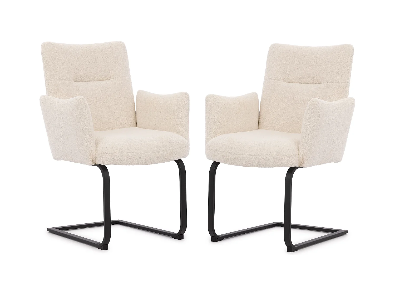 Lot de 2 chaises rembourrées au design moderne, en bouclé blanc, avec accoudoirs et piètement luge en métal noir - Hera