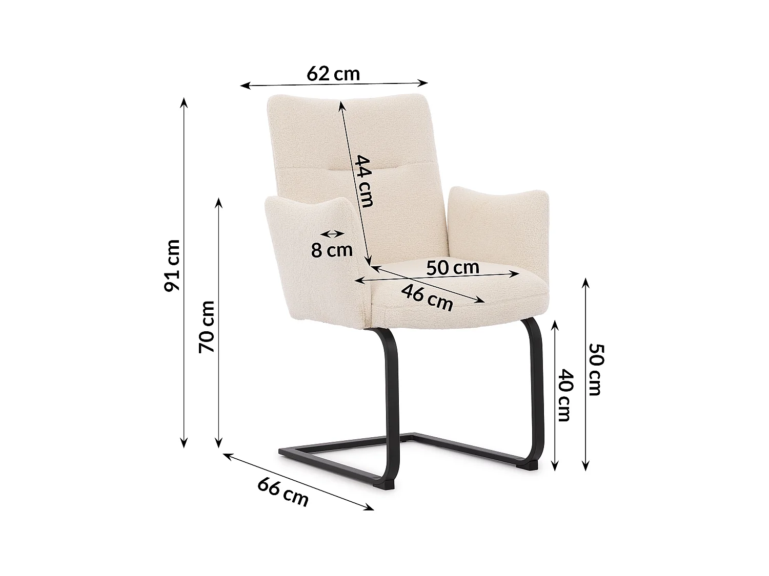 Lot de 2 chaises rembourrées au design moderne, en bouclé blanc, avec accoudoirs et piètement luge en métal noir - Hera