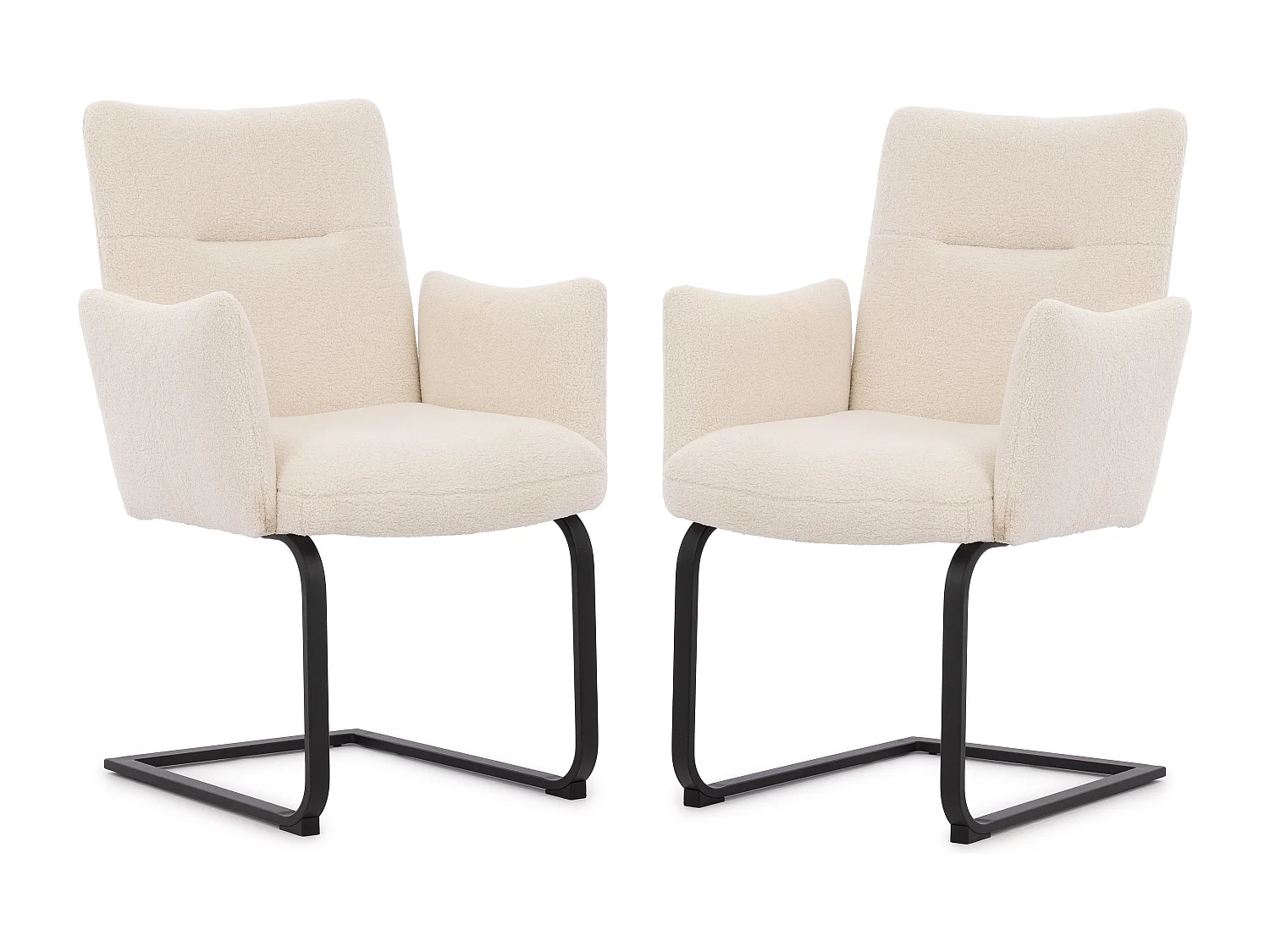 Lot de 2 chaises rembourrées au design moderne, en bouclé blanc, avec accoudoirs et piètement luge en métal noir - Hera