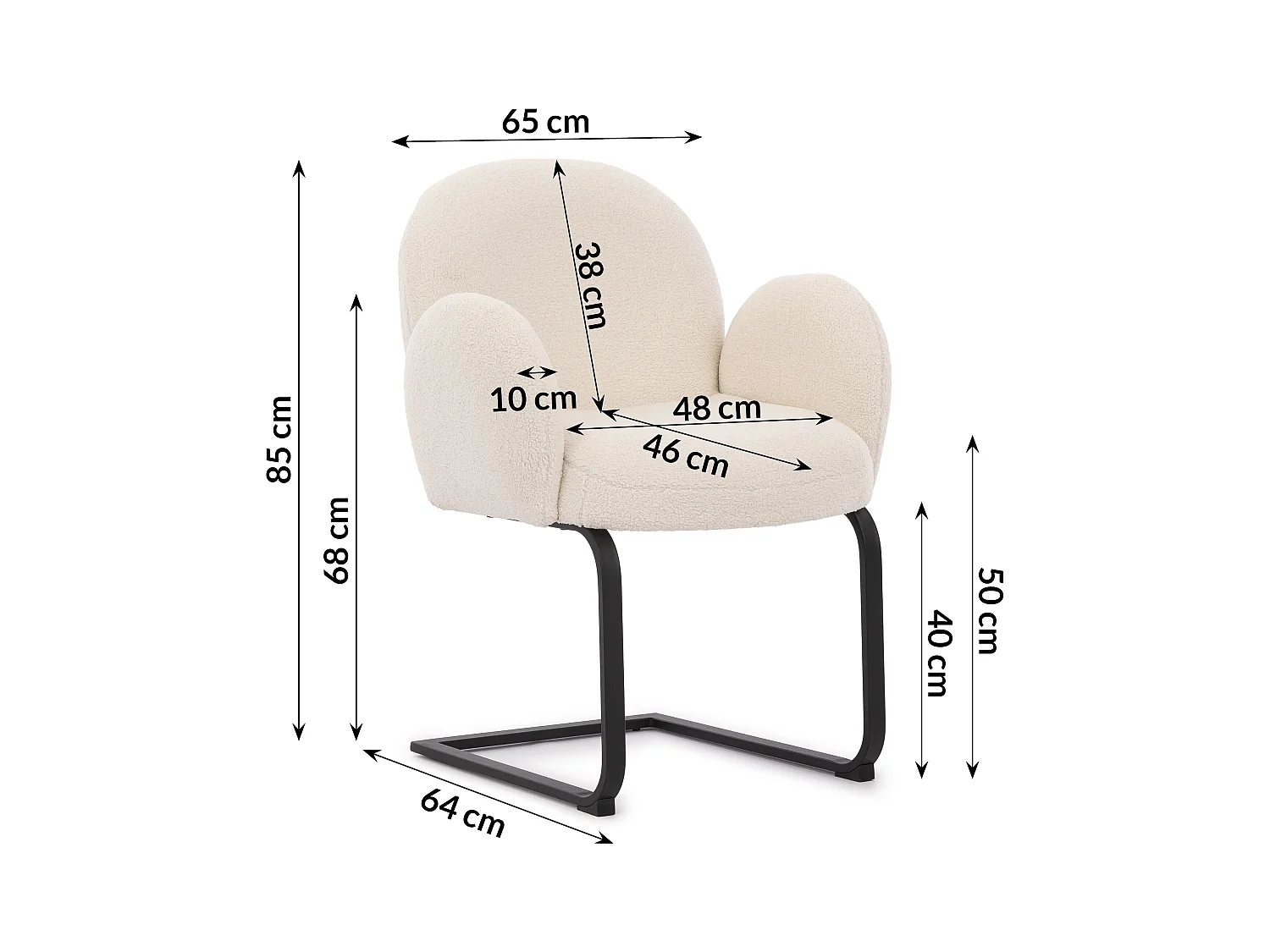 Chaise rembourrée de style Japandi au design arrondi, en bouclé blanc avec une structure en métal noir - Vela