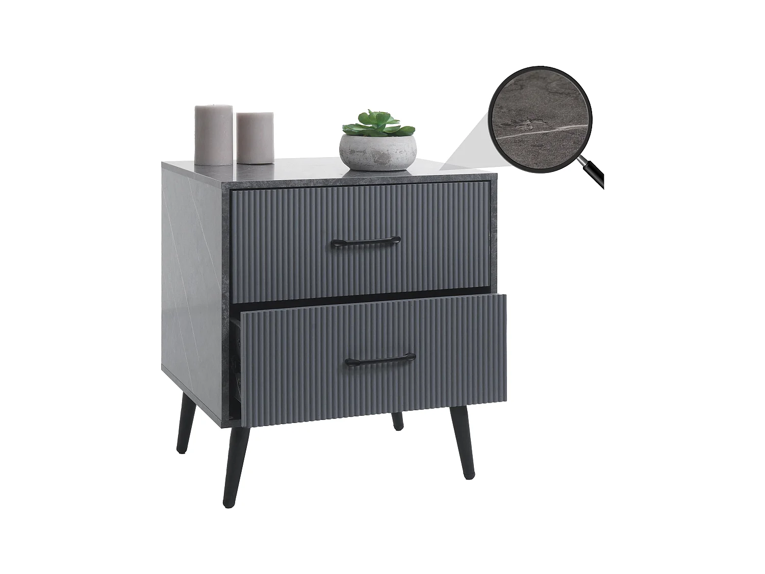 Comodino tavolino MCW-N89, design 3D, 2 cassetti in legno melaminico, 55x48x41cm ~ aspetto marmo grigio