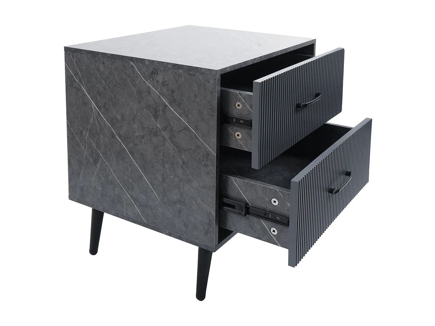 Comodino tavolino MCW-N89, design 3D, 2 cassetti in legno melaminico, 55x48x41cm ~ aspetto marmo grigio