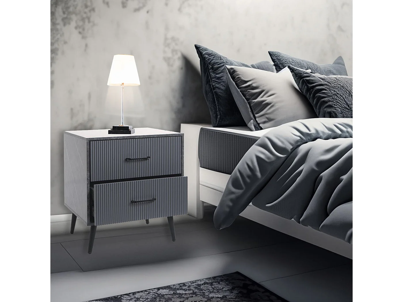 Comodino tavolino MCW-N89, design 3D, 2 cassetti in legno melaminico, 55x48x41cm ~ aspetto marmo grigio