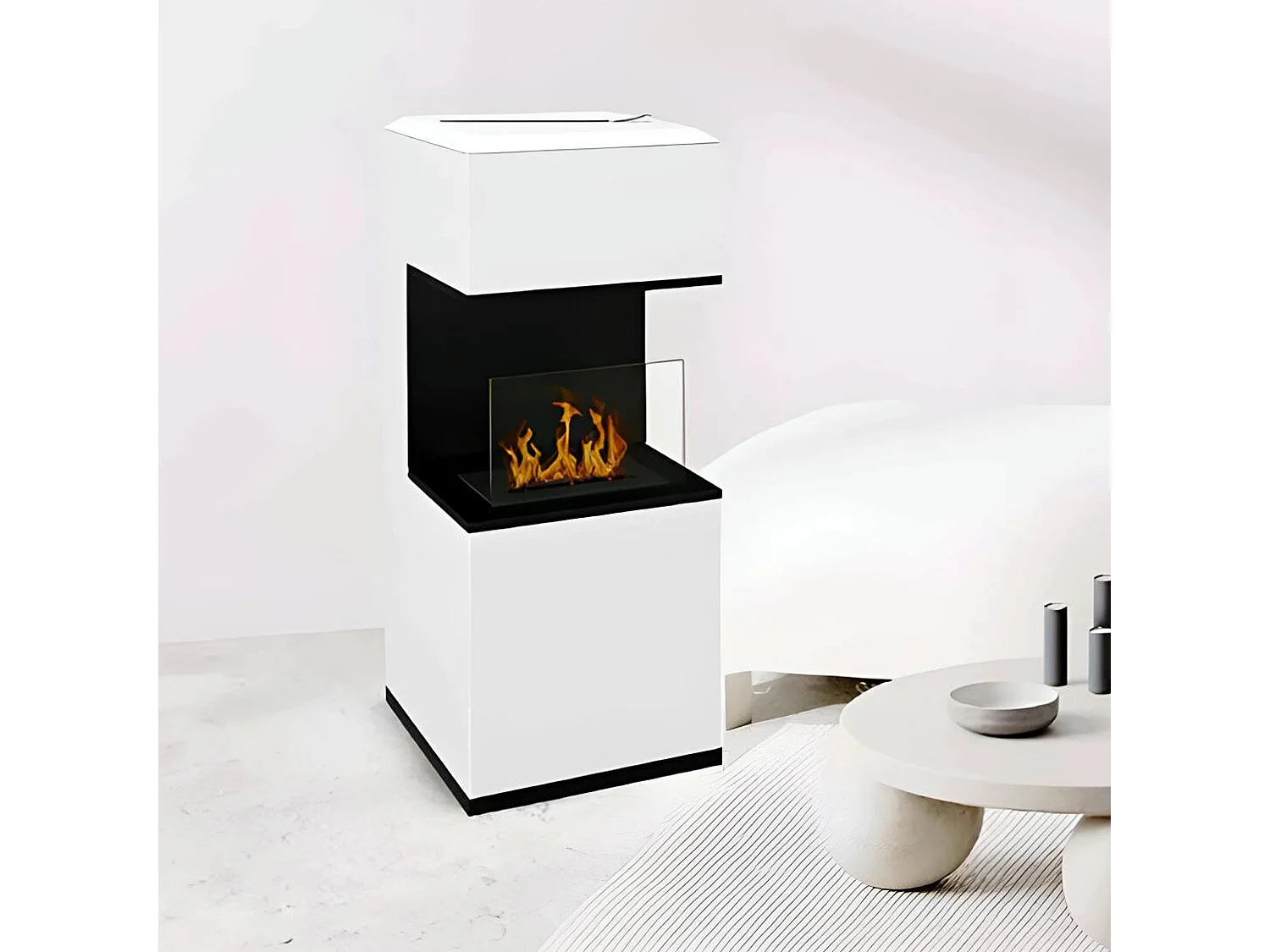 Cheminée au bioéthanol Ancarano, Capacité 1,2 L, Fabriqué en Italie, 38x38x100h cm Blanc