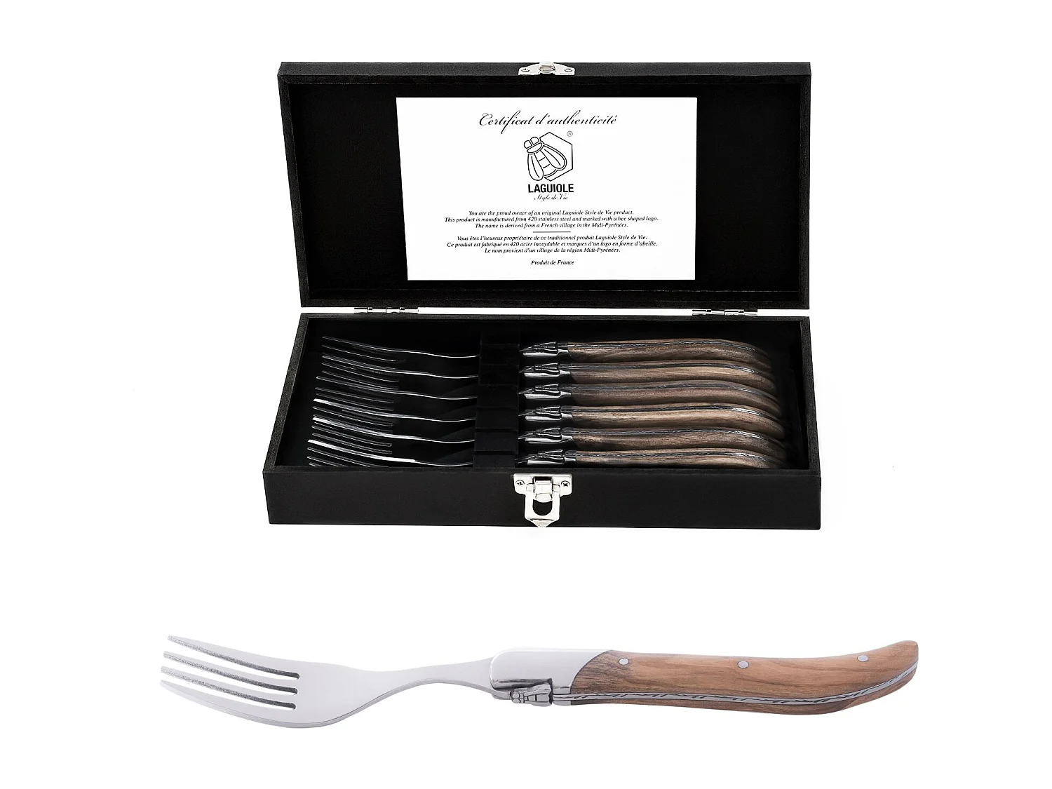 SET DE FOURCHETTES Ligne de luxe 6 pièces. 22 cm, poignées en bois d'olivier couleurs naturelles