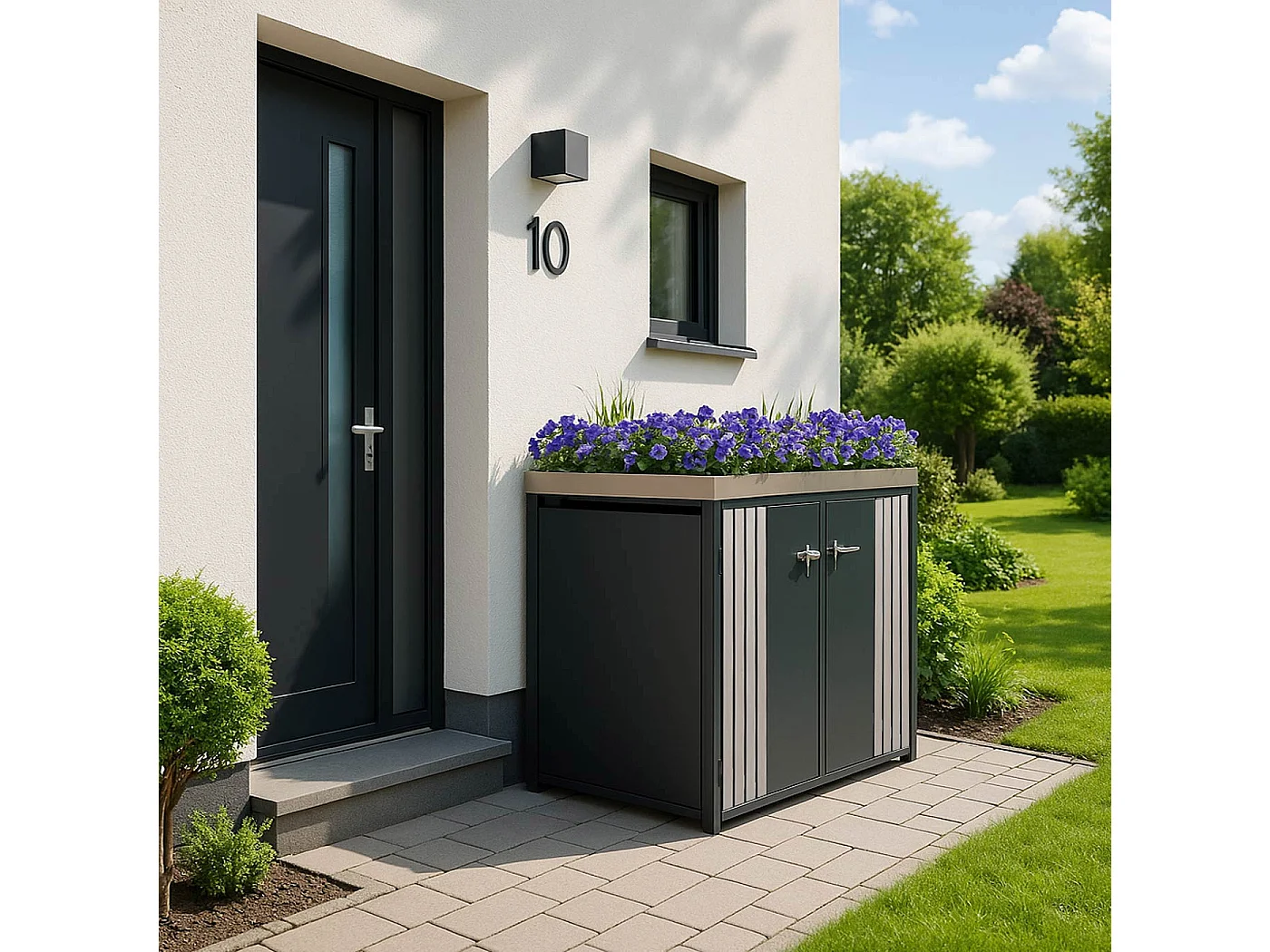 2er-Mülltonnenverkleidung MCW-O67, Anthrazit Holzoptik hell