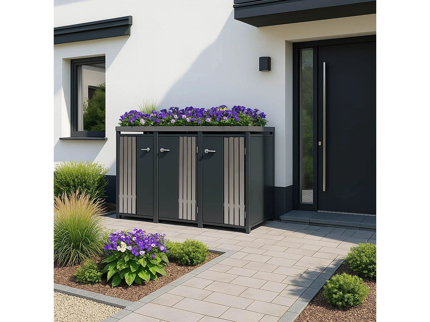 Copribidone triplo MCW-O67, copricassonetto con fioriera, metallo 125x196x84cm 75kg ~ acciaio antracite