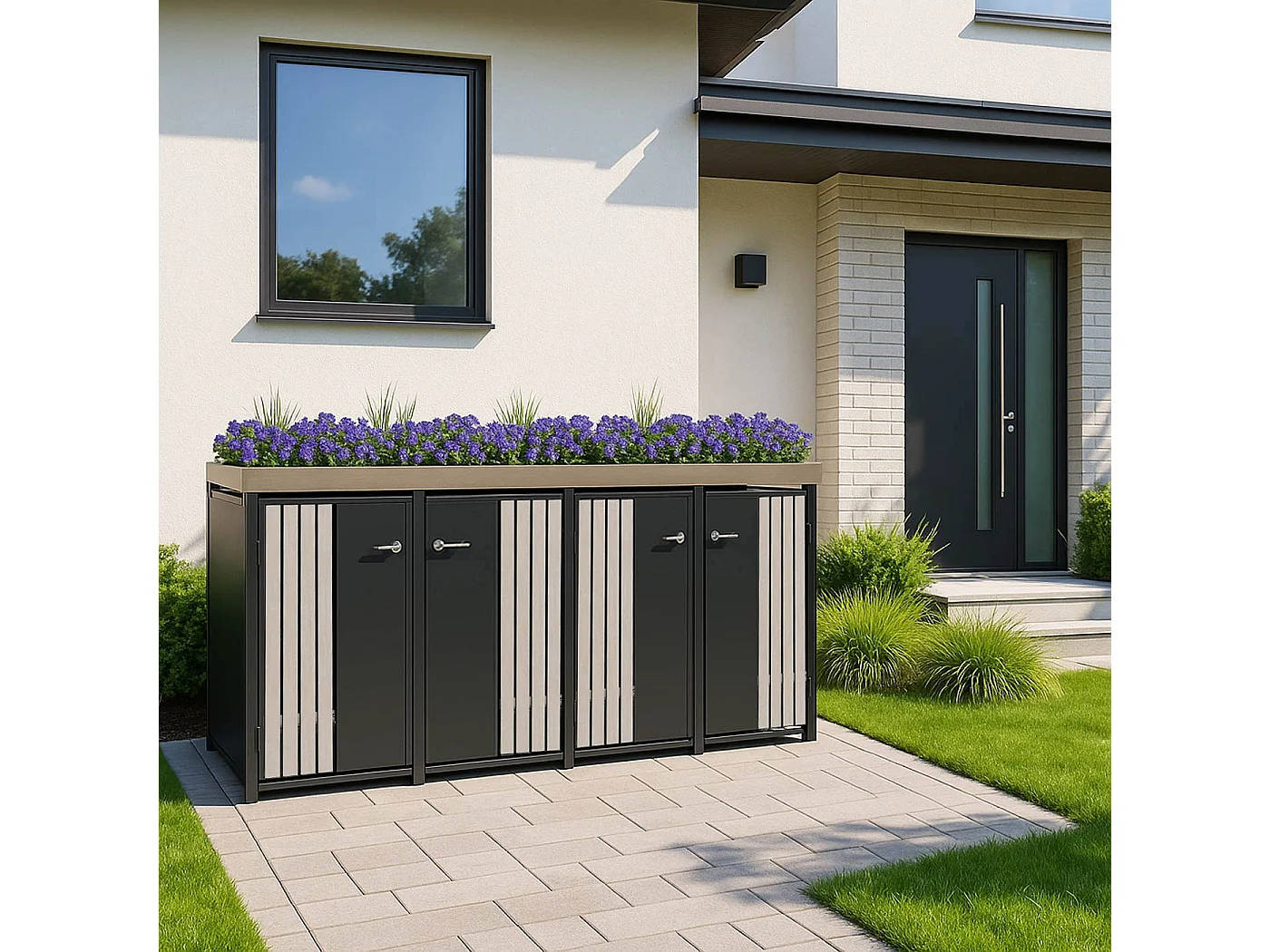 4er-Mülltonnenverkleidung MCW-O67, Anthrazit Holzoptik hell