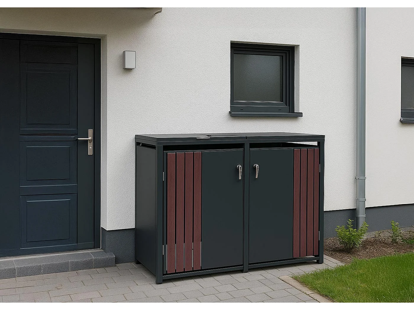 2er-Mülltonnenverkleidung MCW-O67, Anthrazit Holzoptik dunkel