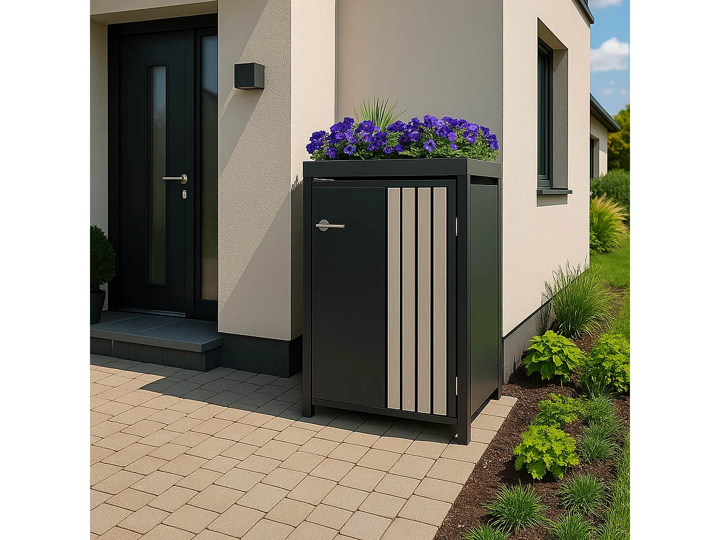 1er-Mülltonnenverkleidung MCW-O67, Anthrazit Holzoptik hell