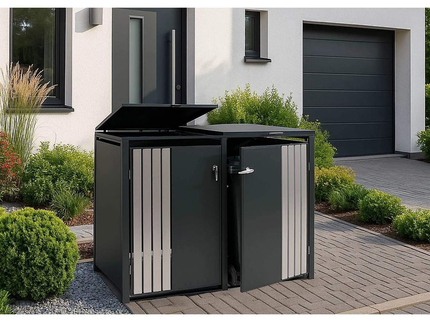 2er-Mülltonnenverkleidung MCW-O67, Anthrazit Edelstahl