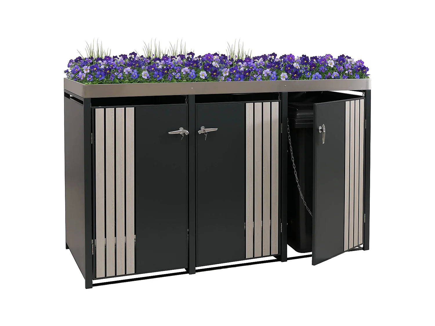 Osłona na trzy pojemniki na śmieci MCW-O67,  antracytowy, jasny wygląd drewna