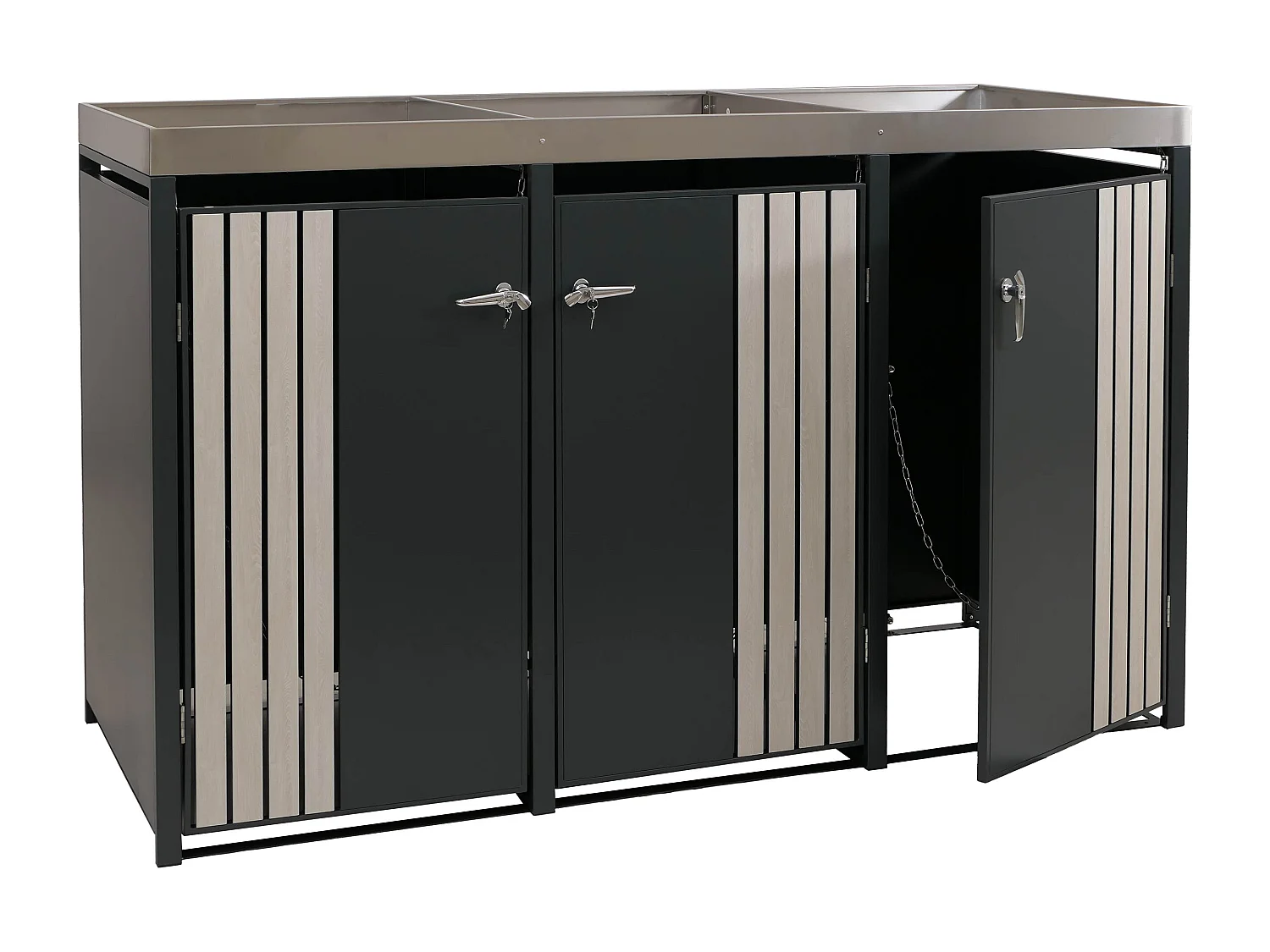 Copribidone triplo MCW-O67, copricassonetto con fioriera, metallo 125x196x84cm 75kg ~ antracite effetto legno chiaro